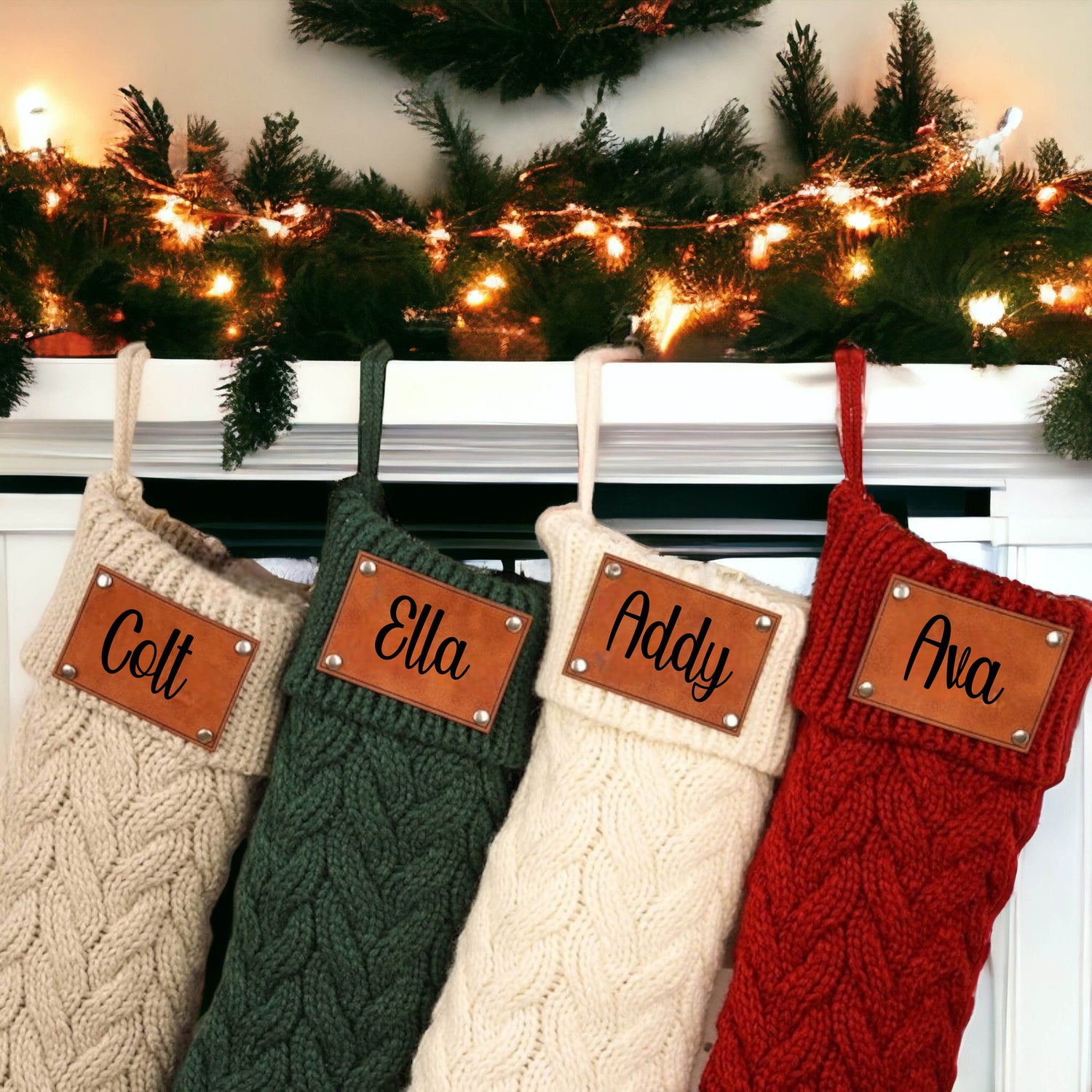 Family Christmas Stockings, Personalized Leather Patch Stocking, Knitted Christmas Stocking, 2023 Holiday Tags, Farmhouse Stocking With Name