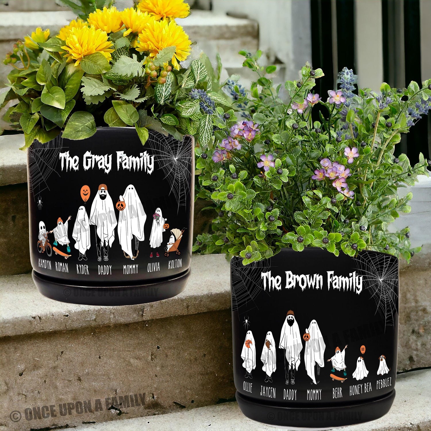 Personalized Halloween Ghost Family Ceramic Flower Planter, Unique Spooky Season Decor, Indoor/Outdoor Potter Plant Pot, Gift for Her, Him