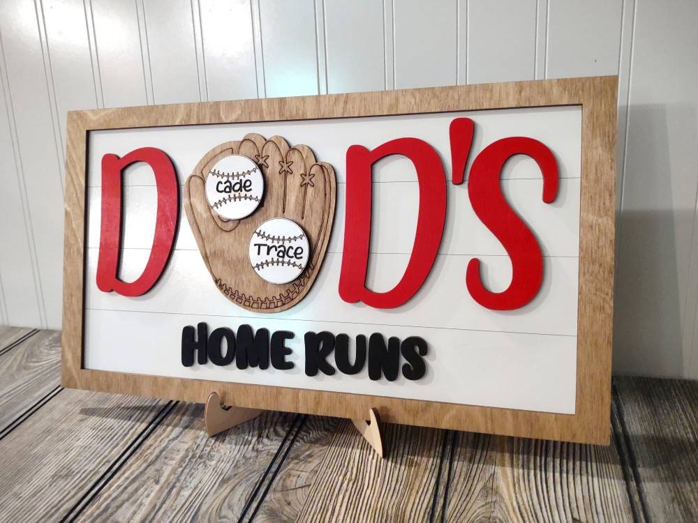 Fathers day gift Home Run Baseball Sign, for dad from kids, daddy birthday, from wife, daughter, son, childrens names engraved, garage sign