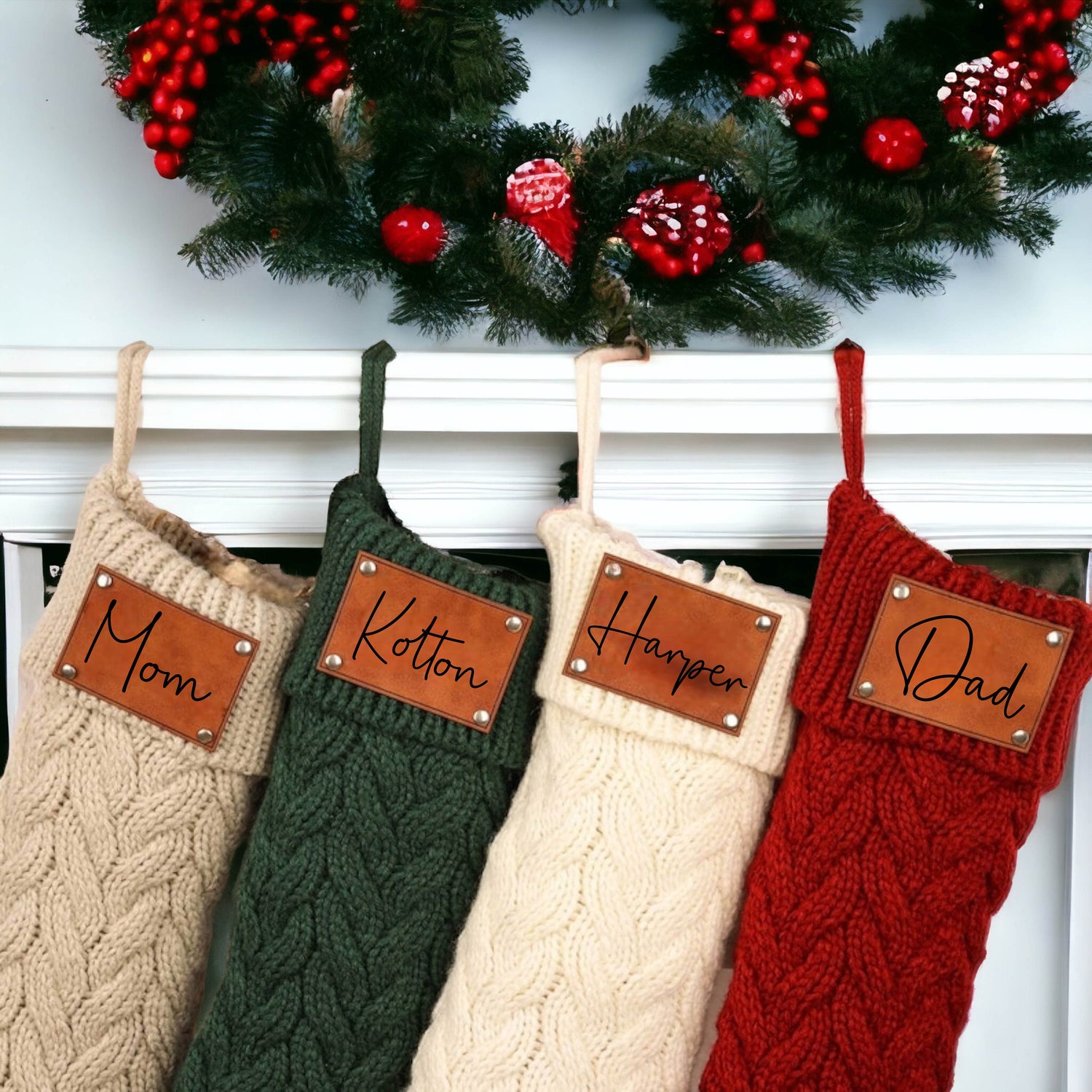 Family Christmas Stockings, Personalized Leather Patch Stocking, Knitted Christmas Stocking, 2023 Holiday Tags, Farmhouse Stocking With Name