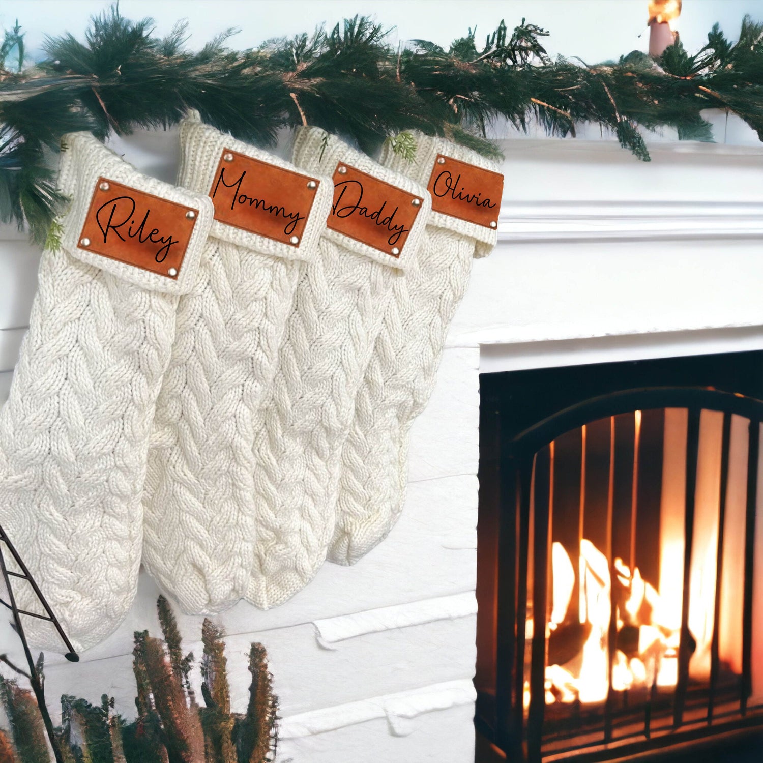 Family Christmas Stockings, Personalized Leather Patch Stocking, Knitted Christmas Stocking, 2023 Holiday Tags, Farmhouse Stocking With Name
