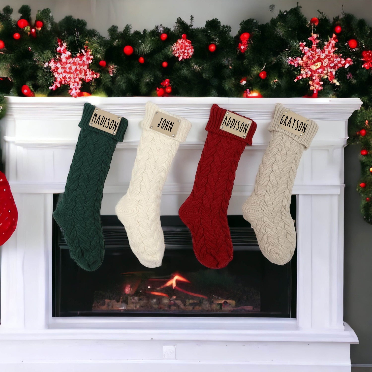 Family Christmas Stockings, Personalized Leather Patch Stocking, Knitted Christmas Stocking, 2023 Holiday Tags, Farmhouse Stocking With Name