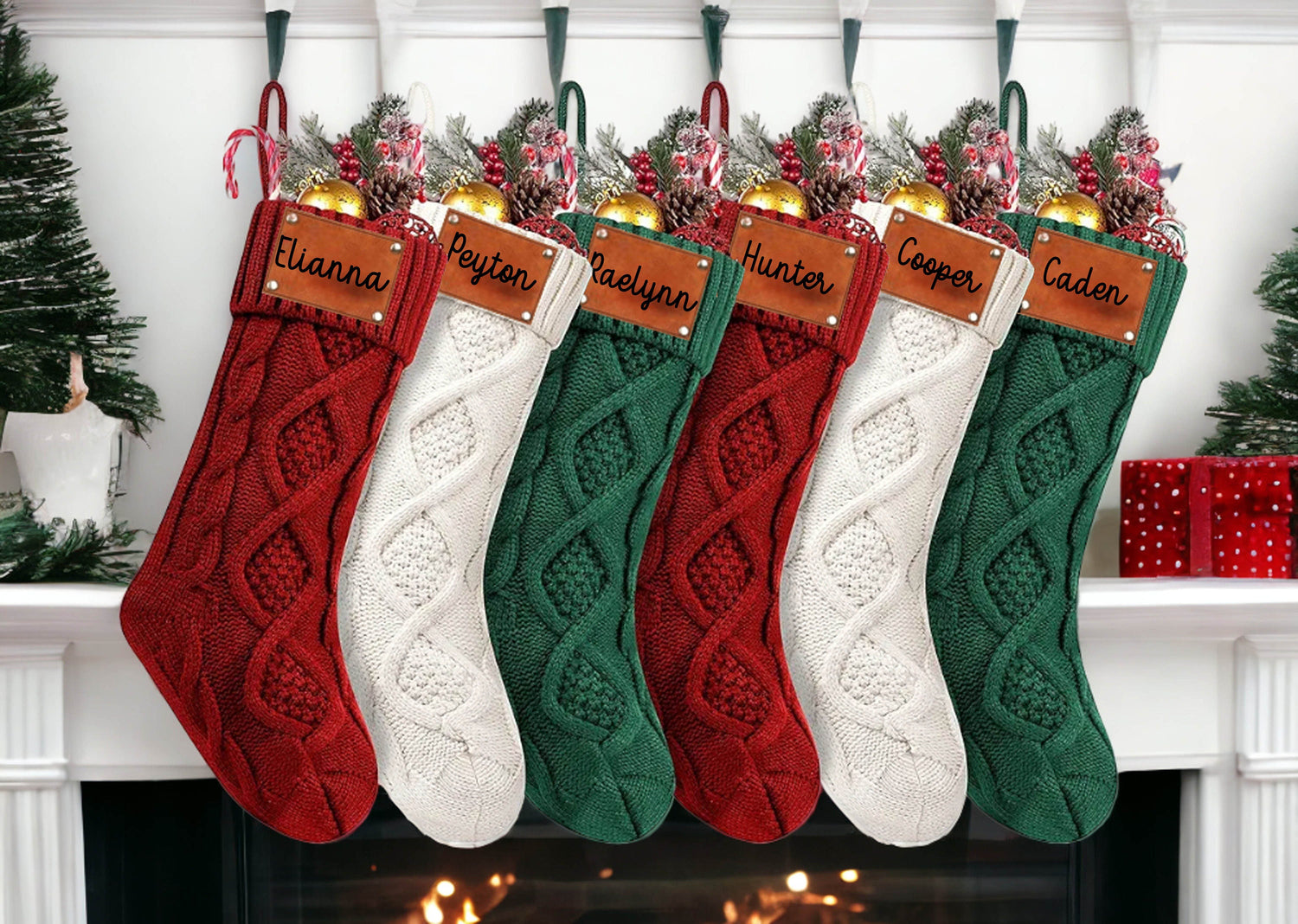 Family Christmas Stockings, Personalized Leather Patch Stocking, Knitted Christmas Stocking, 2023 Holiday Tags, Farmhouse Stocking With Name