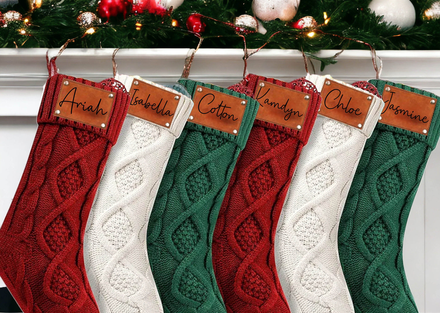 Family Christmas Stockings, Personalized Leather Patch Stocking, Knitted Christmas Stocking, 2023 Holiday Tags, Farmhouse Stocking With Name