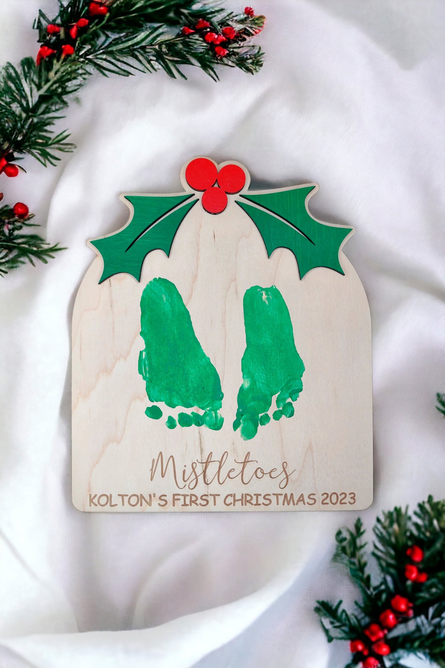 DIY Mistletoes Christmas Footprint Sign, Babys First Christmas Gift, Wood Art Keepsake, Christmas Kid Craft, Gift for Mom, Baby Shower Gift