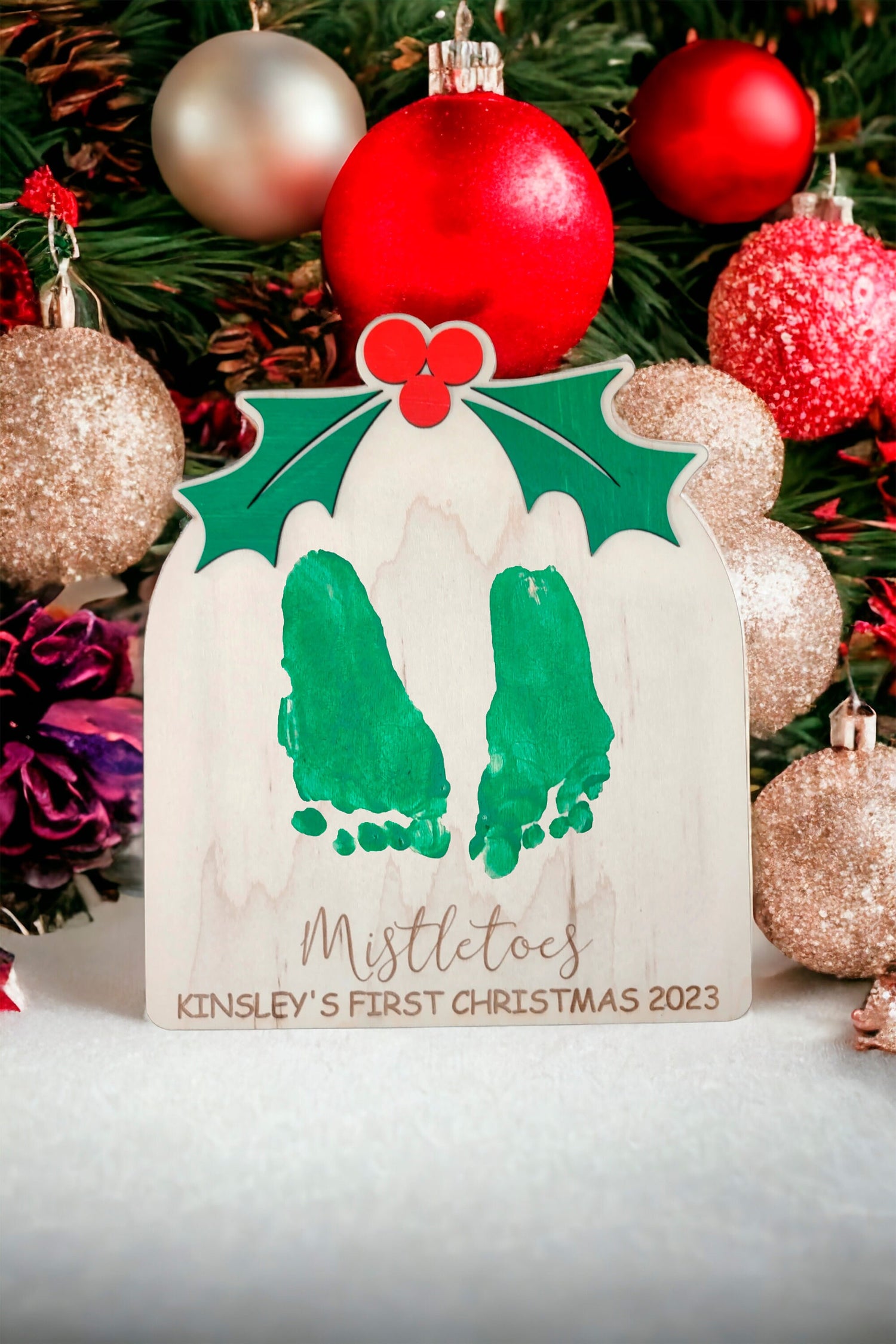 DIY Mistletoes Christmas Footprint Sign, Babys First Christmas Gift, Wood Art Keepsake, Christmas Kid Craft, Gift for Mom, Baby Shower Gift