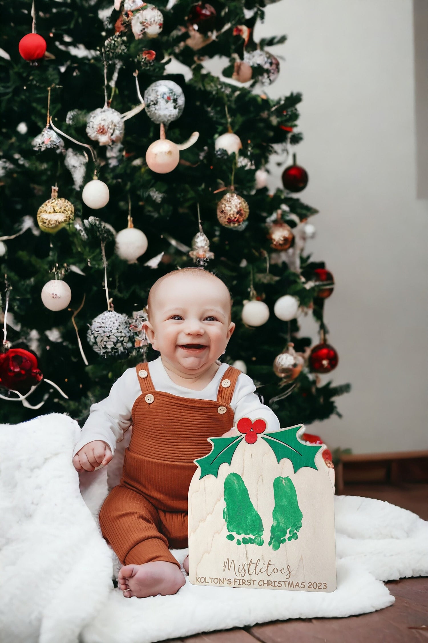 DIY Mistletoes Christmas Footprint Sign, Babys First Christmas Gift, Wood Art Keepsake, Christmas Kid Craft, Gift for Mom, Baby Shower Gift