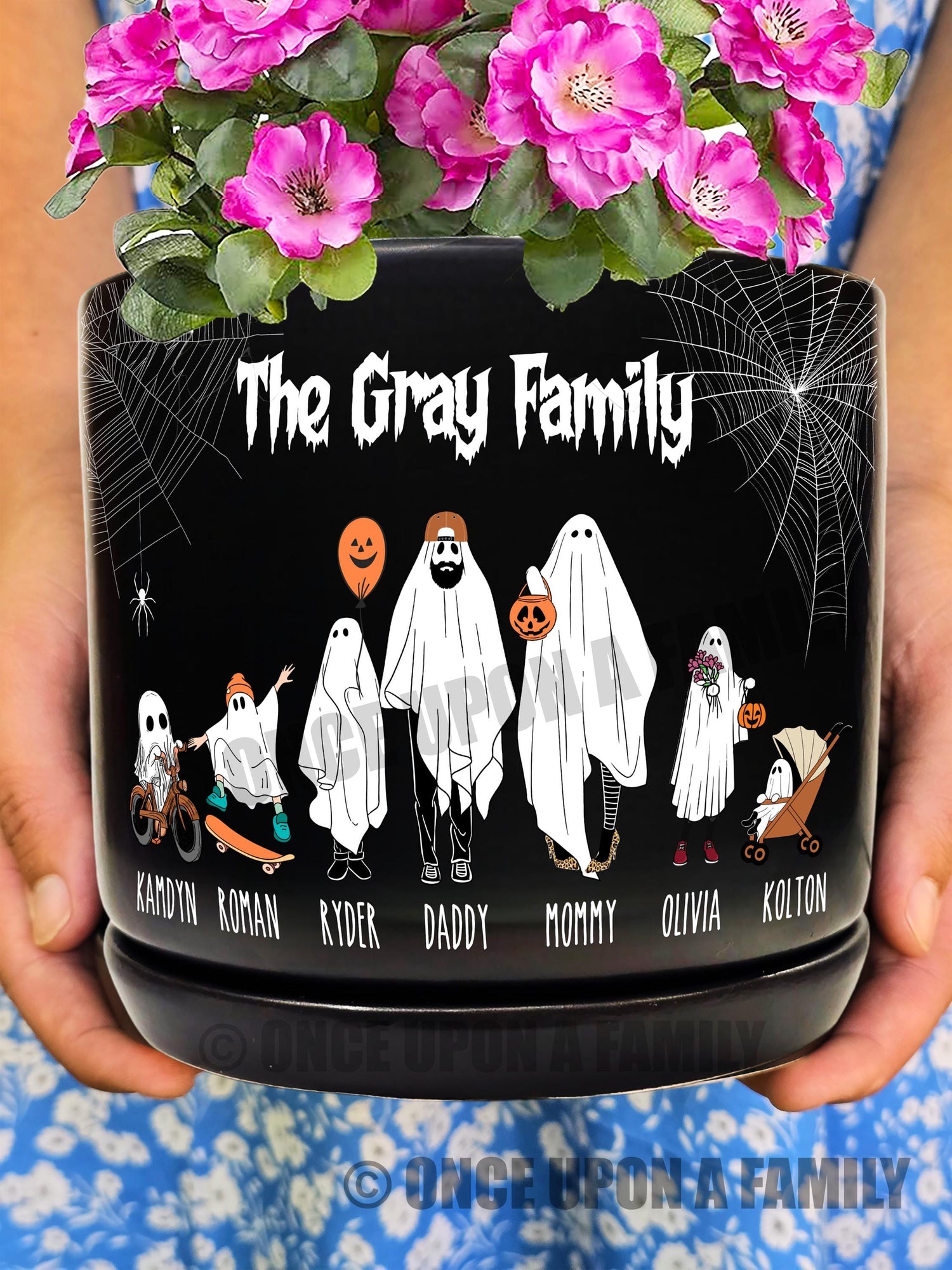Personalized Halloween Ghost Family Ceramic Flower Planter, Unique Spooky Season Decor, Indoor/Outdoor Potter Plant Pot, Gift for Her, Him