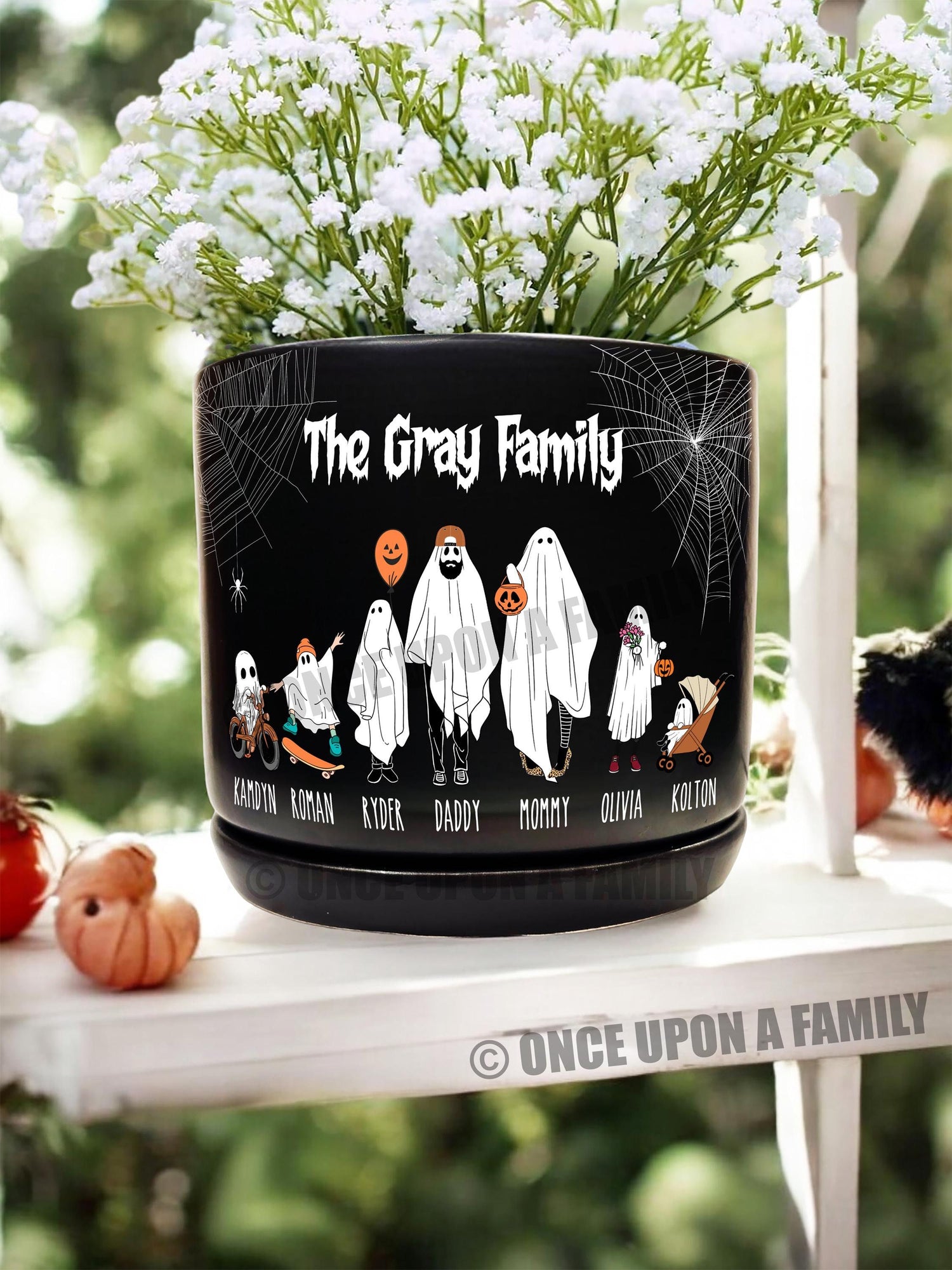 Personalized Halloween Ghost Family Ceramic Flower Planter, Unique Spooky Season Decor, Indoor/Outdoor Potter Plant Pot, Gift for Her, Him
